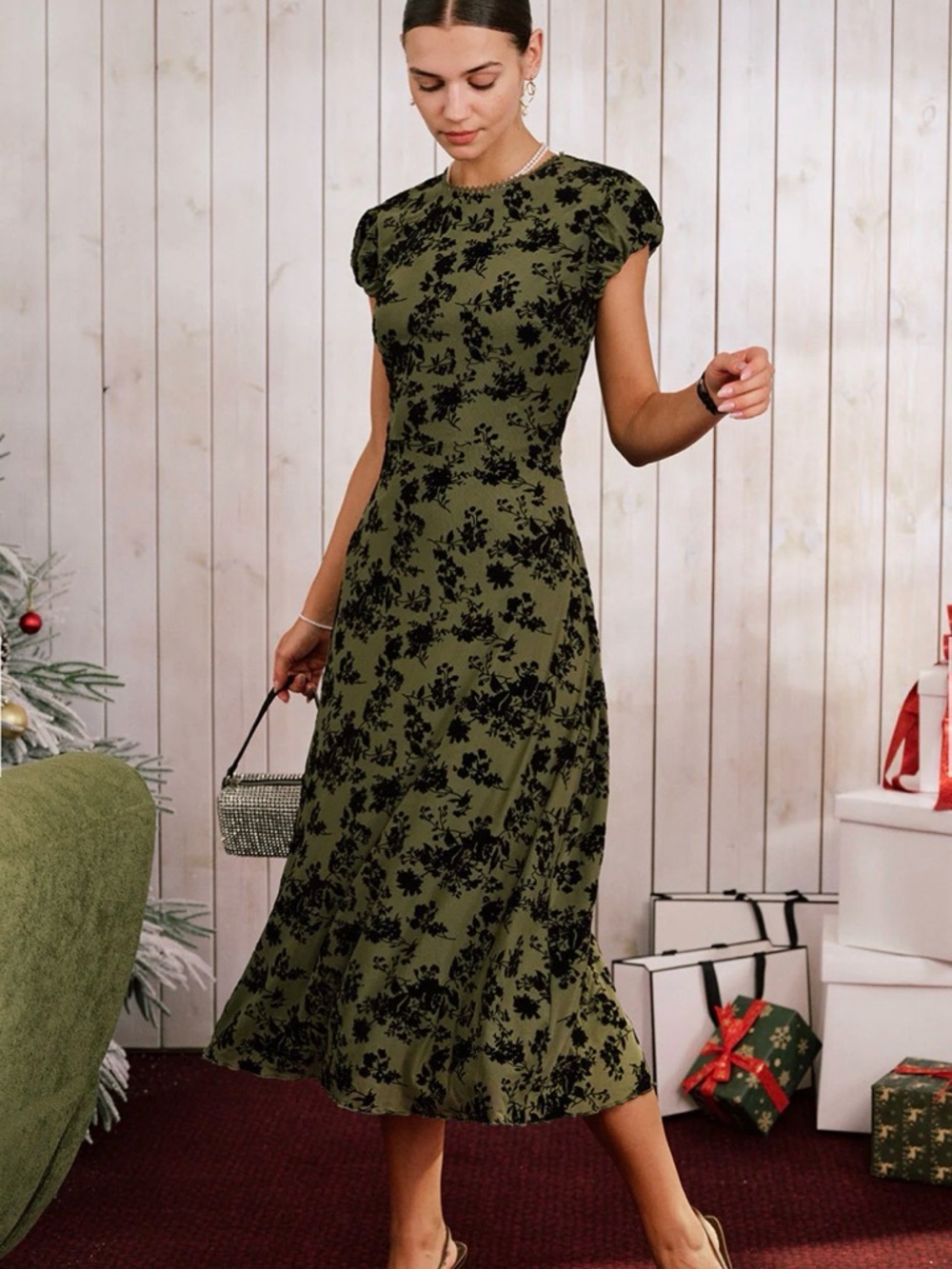 RIHOAS Olive Green & Black Floral Midi Dress